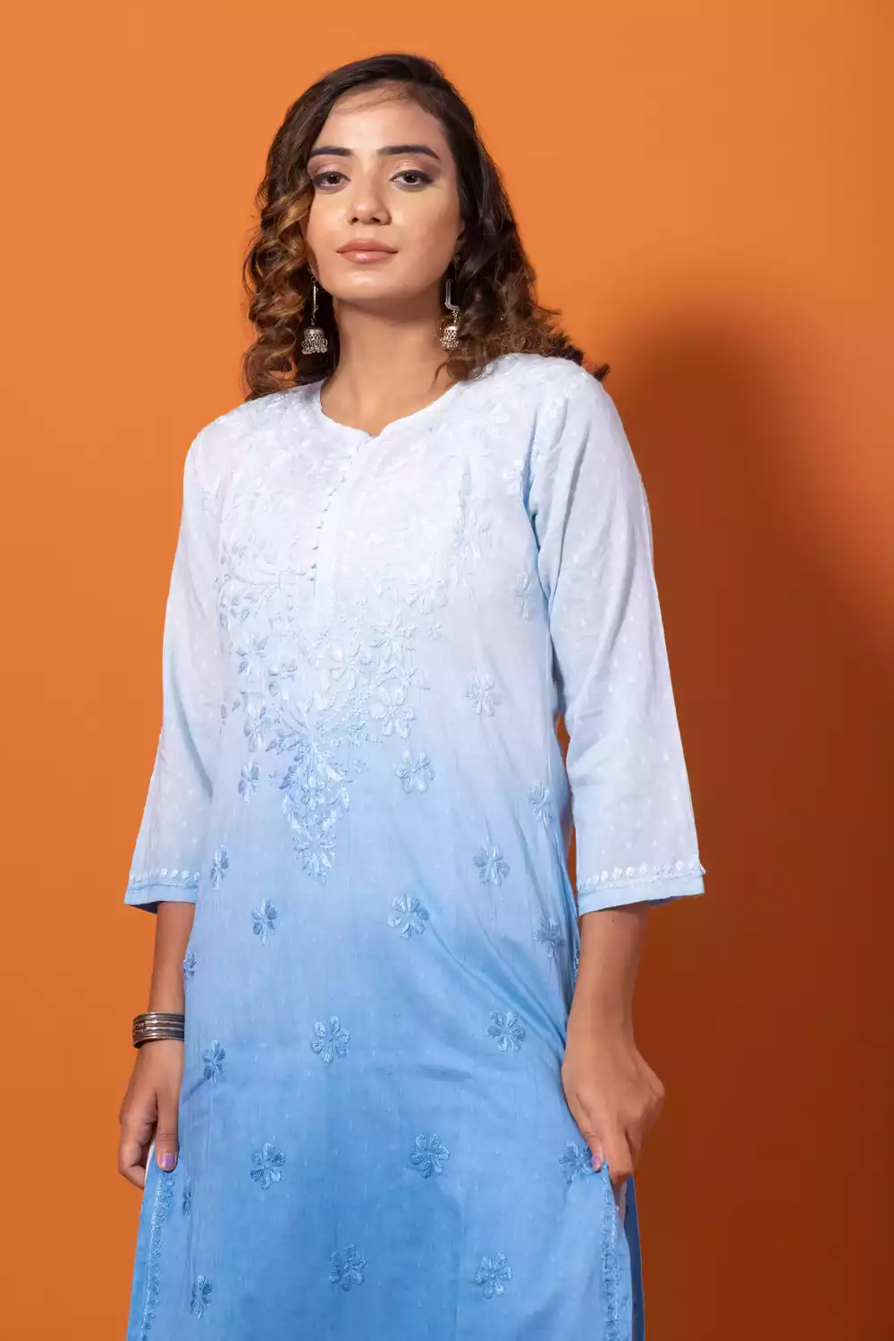 White & Blue Shaded Chikankari Kurti For Women