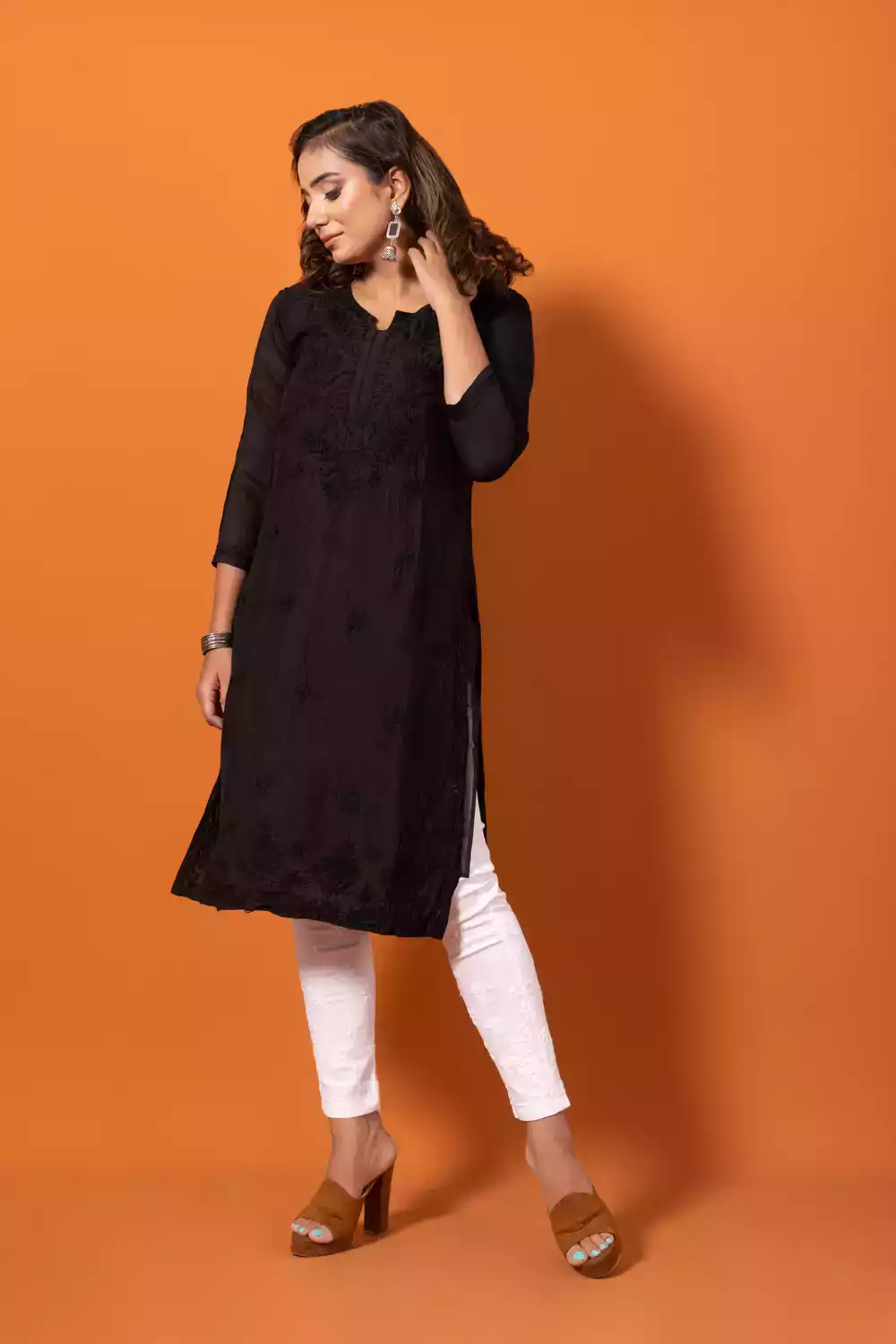 Black Lakhnavi Viscose Chikankari Kurtis