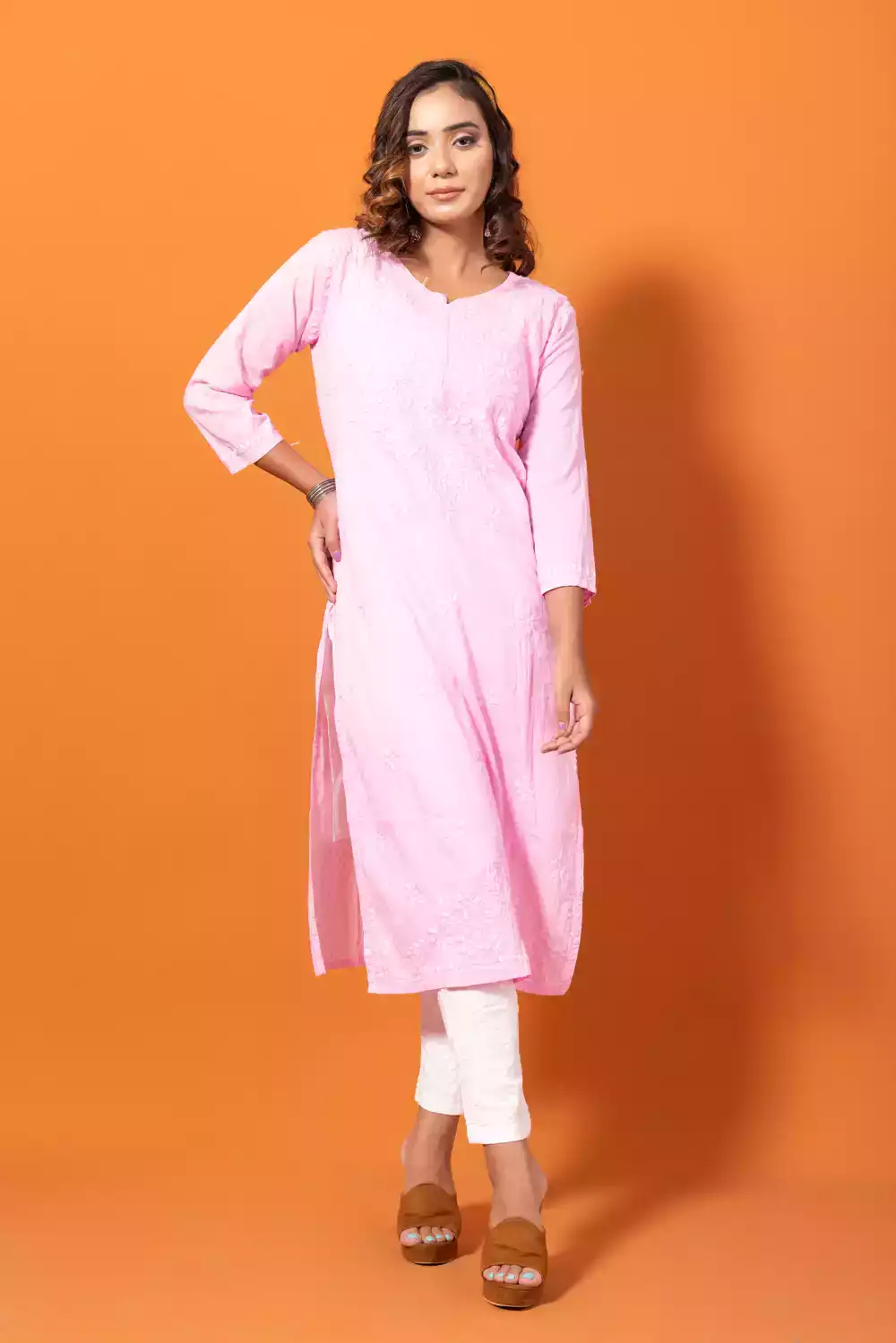 Dobby Baby Pink Chikankari Straight Kurti
