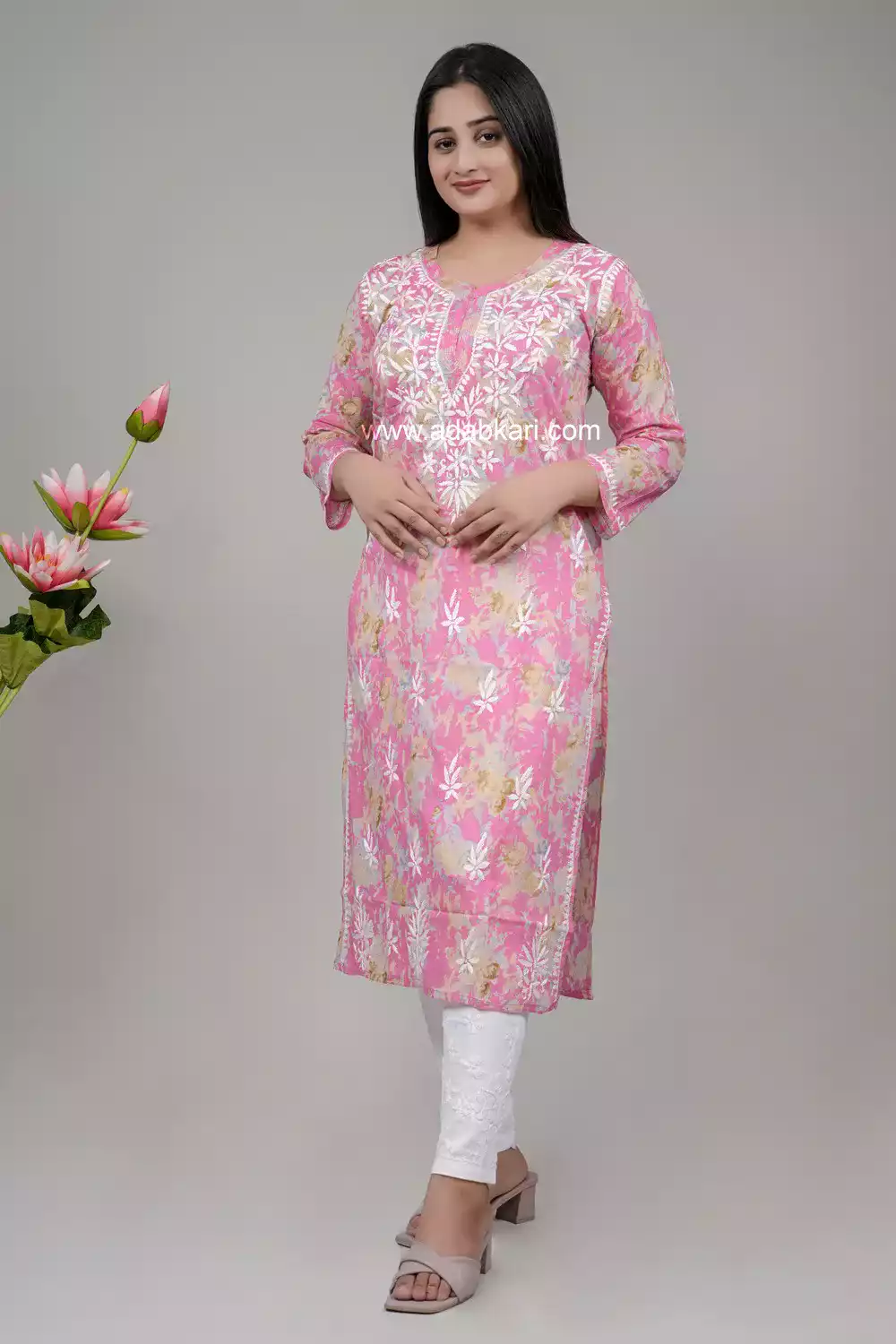 Pink Chikankari Long Kurti | Chikankari Long Kurtis For Women