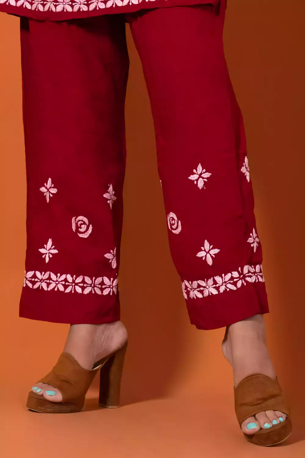 Maroon Chikankari Lakhnavi Kurti With Palazzo Set