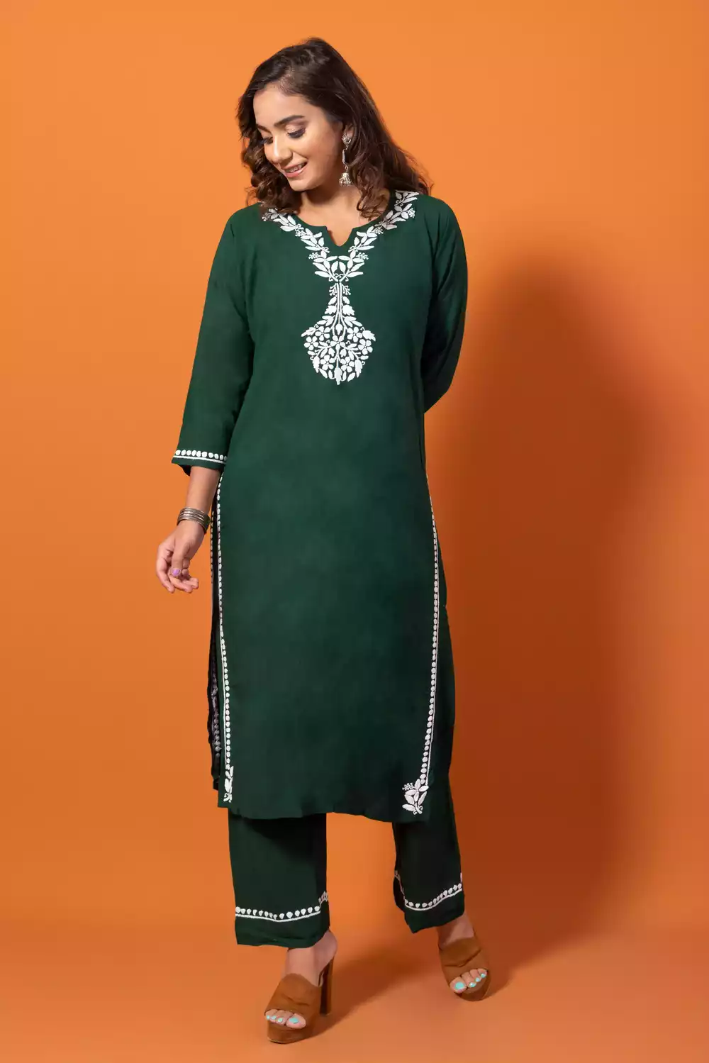 Dark Green Chikankari Lakhnavi Kurti With Palazzo Set