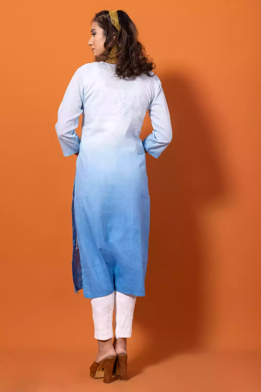 Dobby Blue Chikankari Straight Kurti