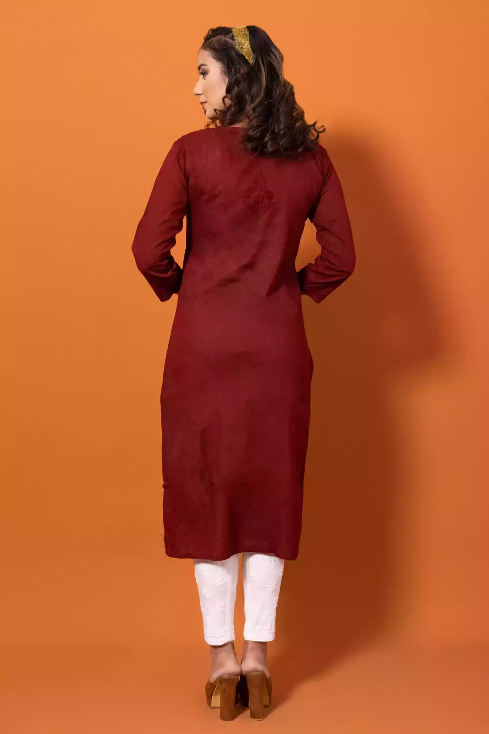 Dobby Maroon Straight Chikankari Kurtis