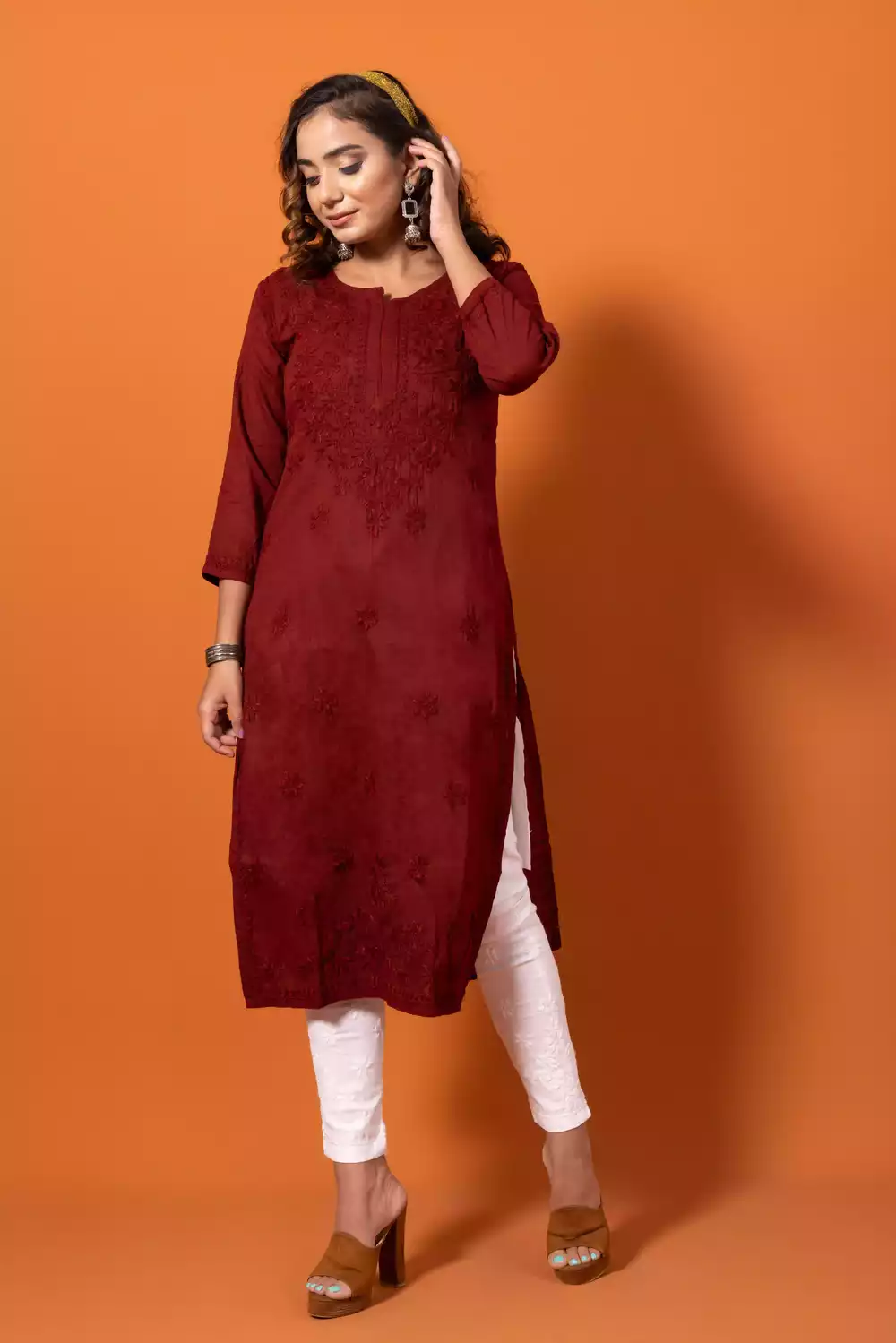 Dobby Maroon Straight Chikankari Kurtis