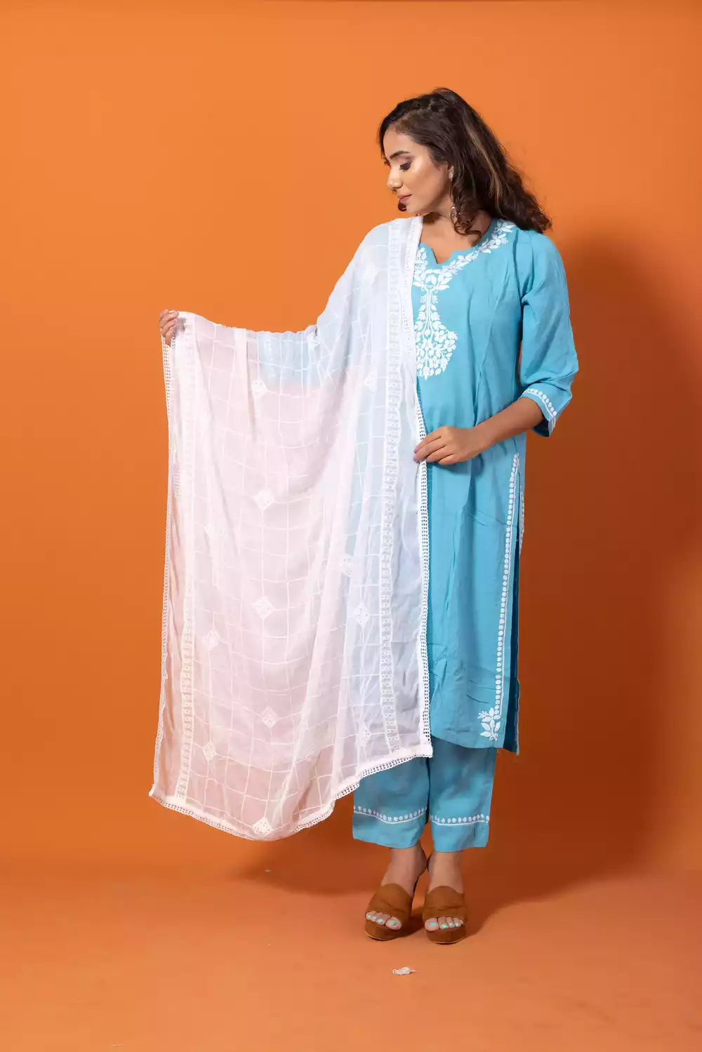 Blue Chikankari Lakhnavi Kurti With Palazzo Set
