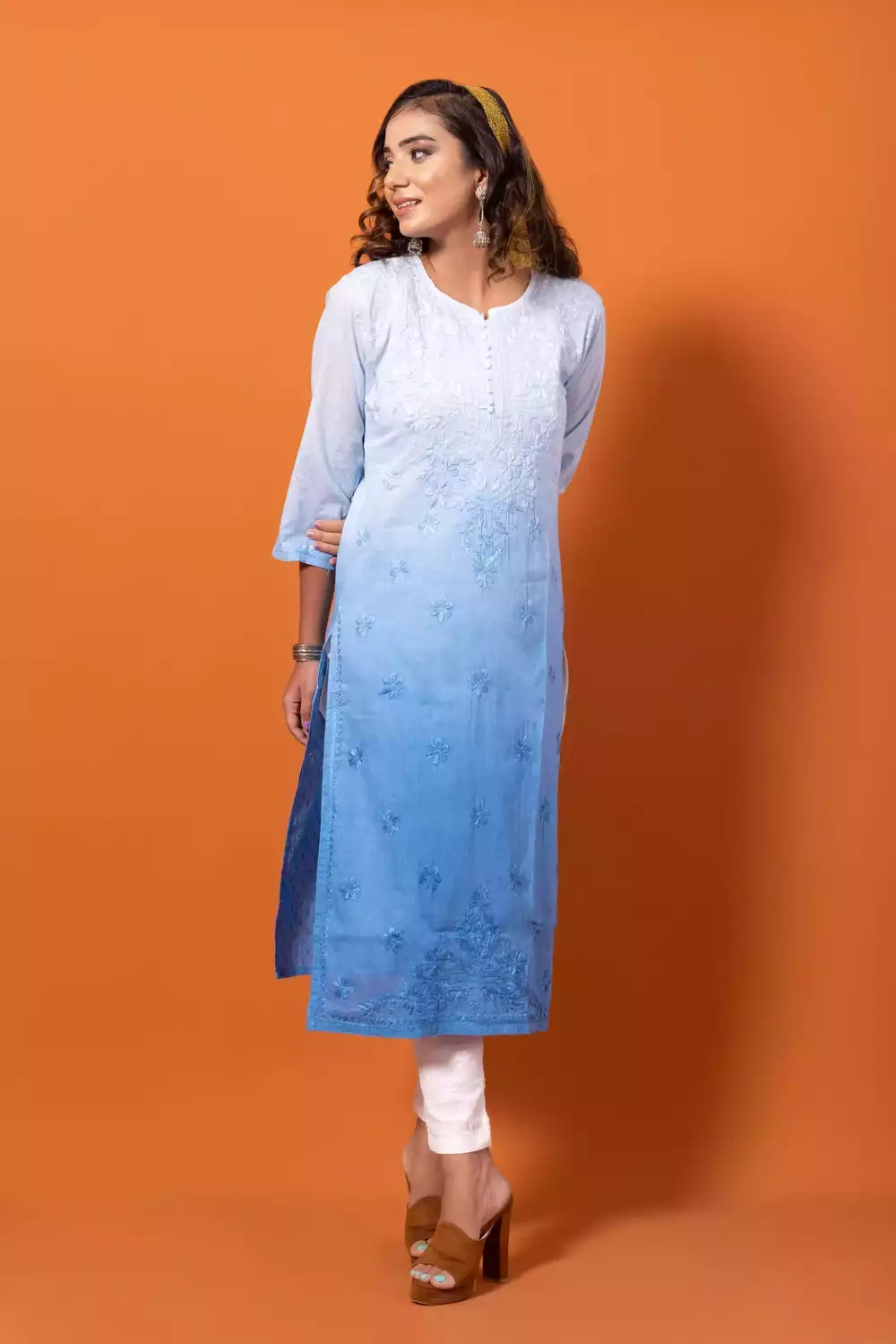 Dobby Blue Chikankari Straight Kurti