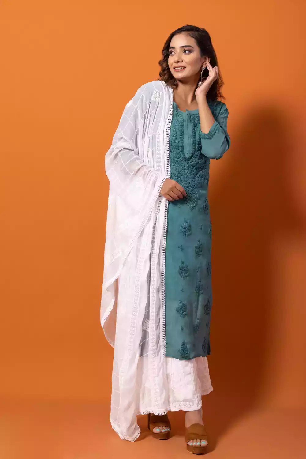 Sky Blue Lakhnavi Viscose Chikankari Kurtis