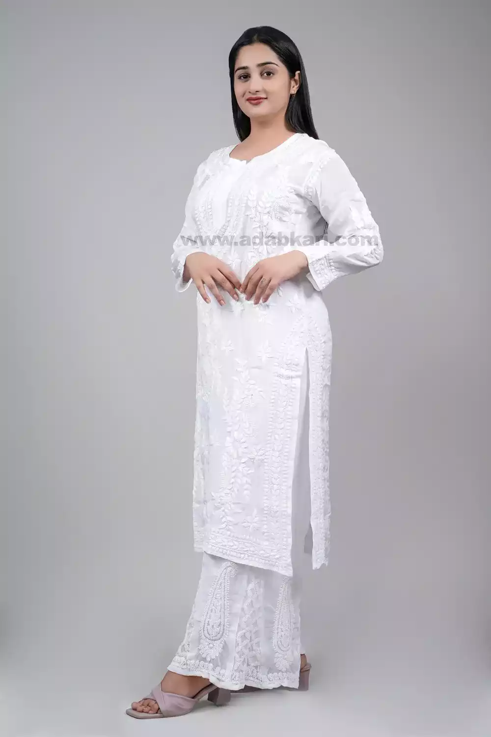 White Chikankari Kurta Palazzo Set For Women
