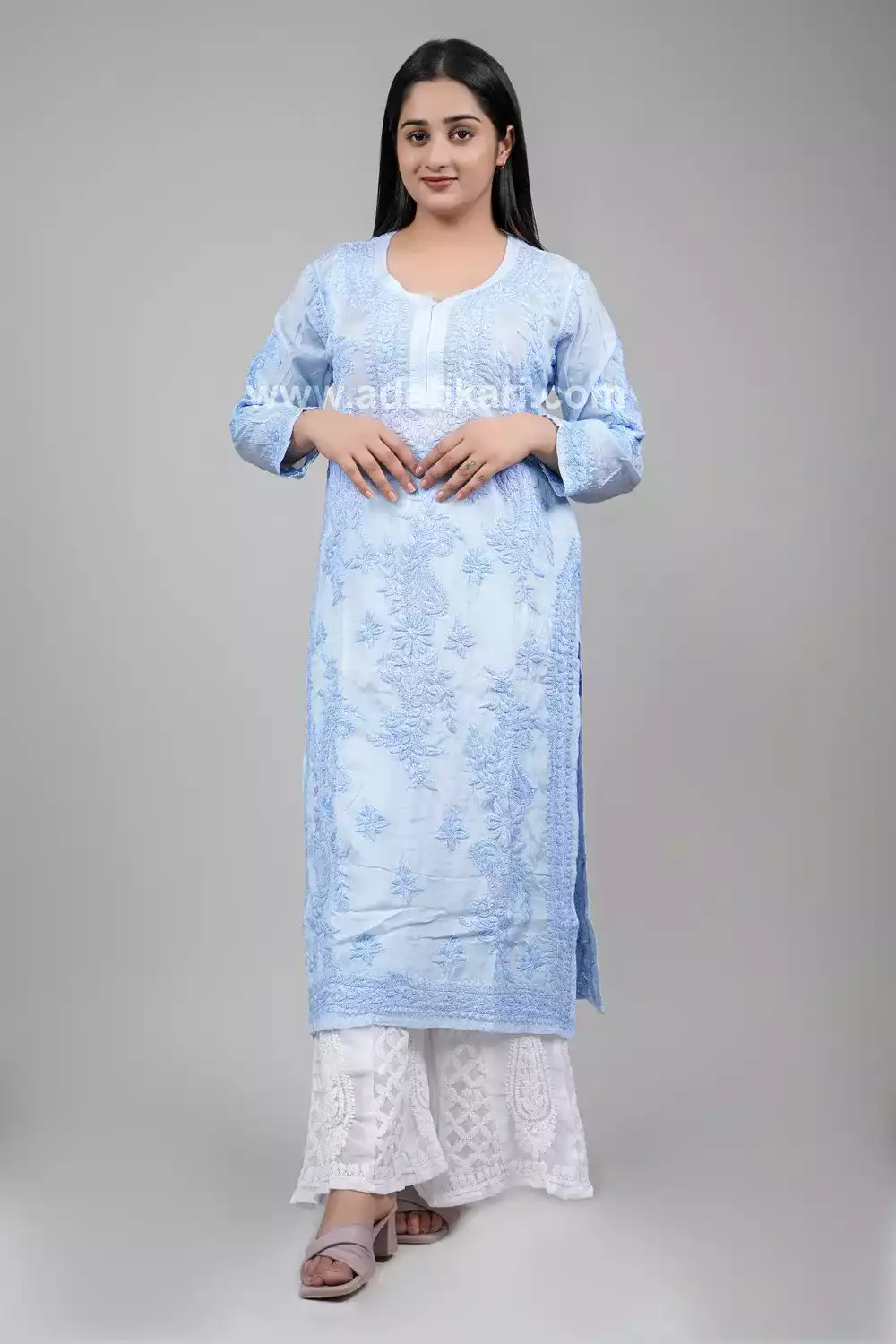 Light Sky Blue Chikankari Kurta Set | Chikankari Kurta Palazzo Set For Women