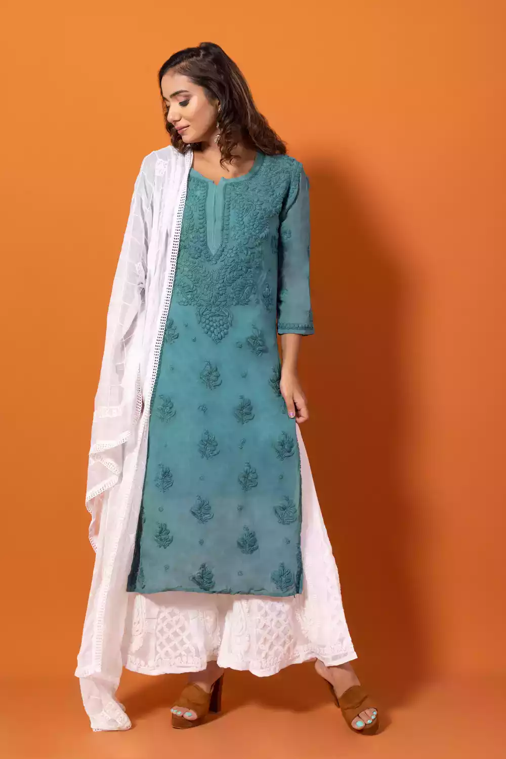 Sky Blue Lakhnavi Viscose Chikankari Kurtis