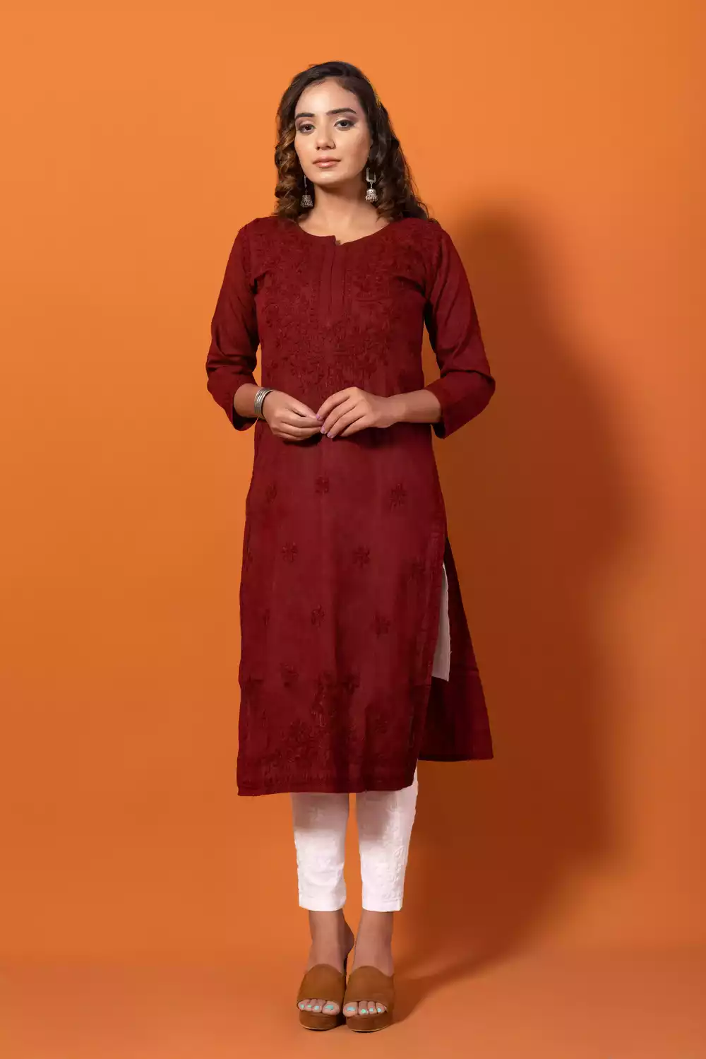 Dobby Maroon Straight Chikankari Kurtis
