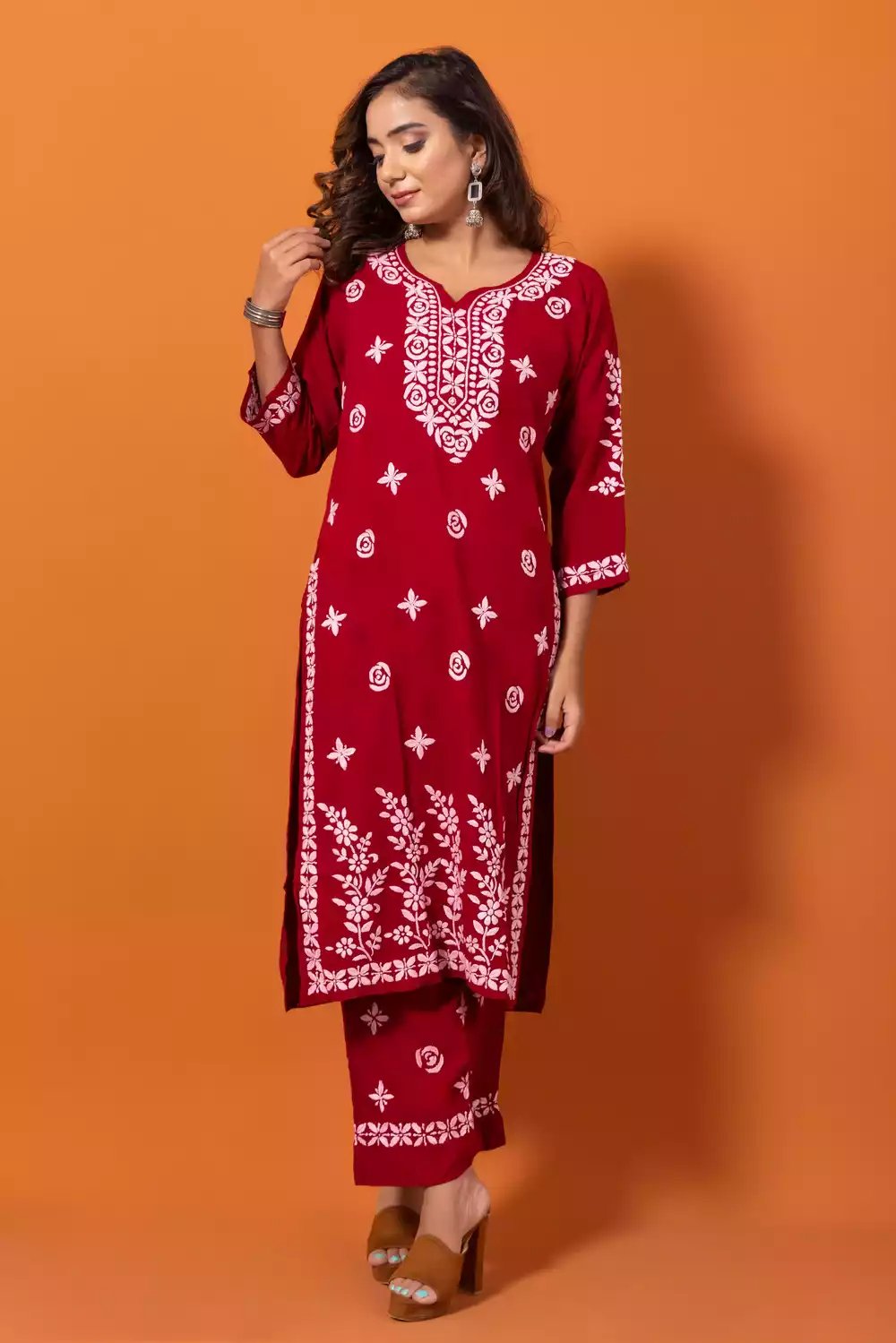 Maroon Chikankari Lakhnavi Kurti With Palazzo Set