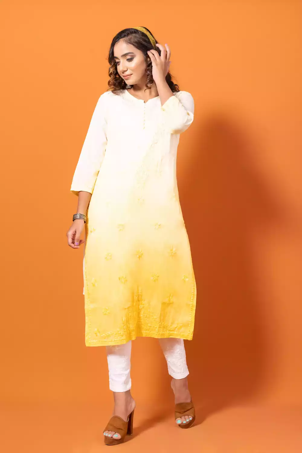 Dobby Yellow Chikankari Straight Kurtis