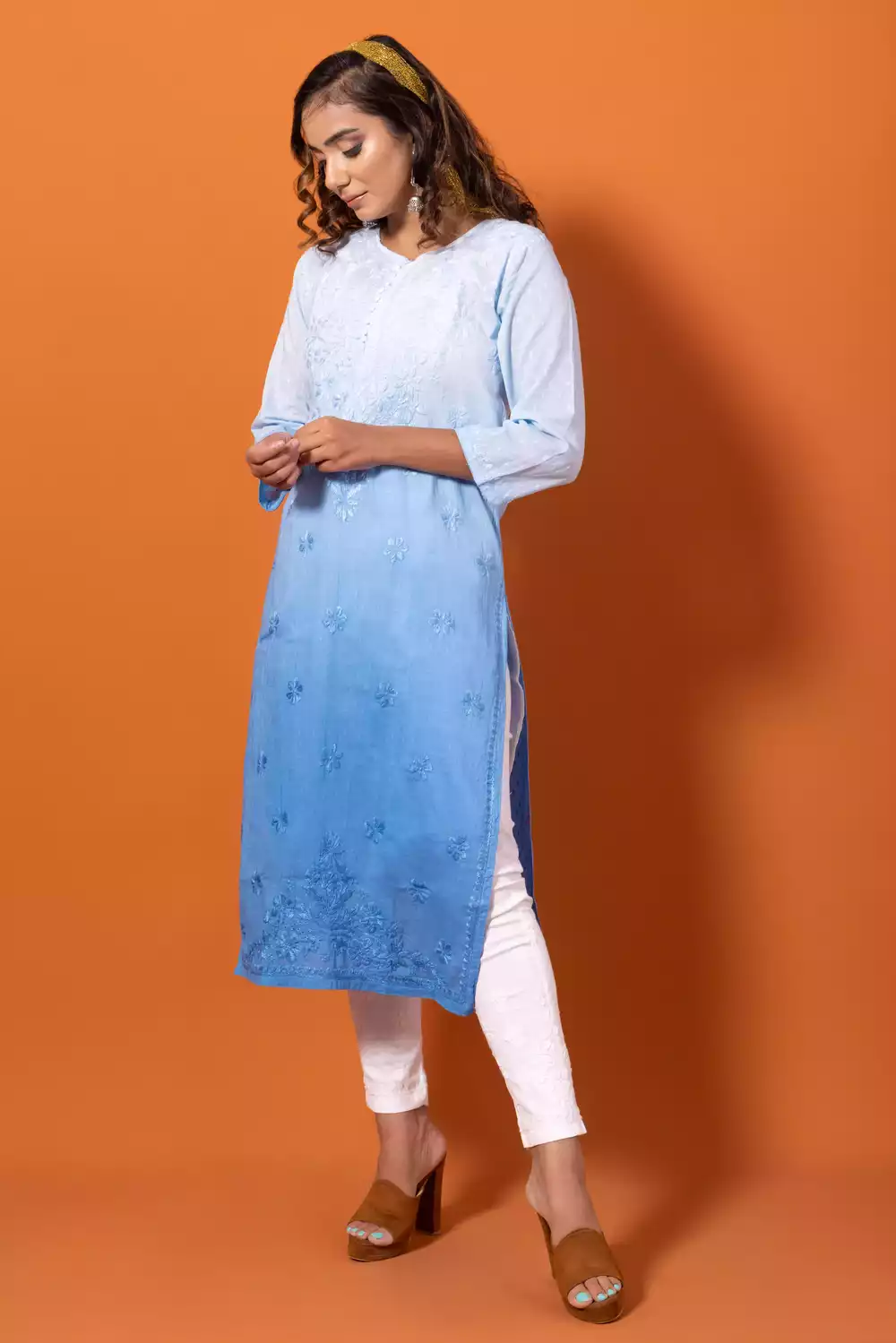 Dobby Blue Chikankari Straight Kurti