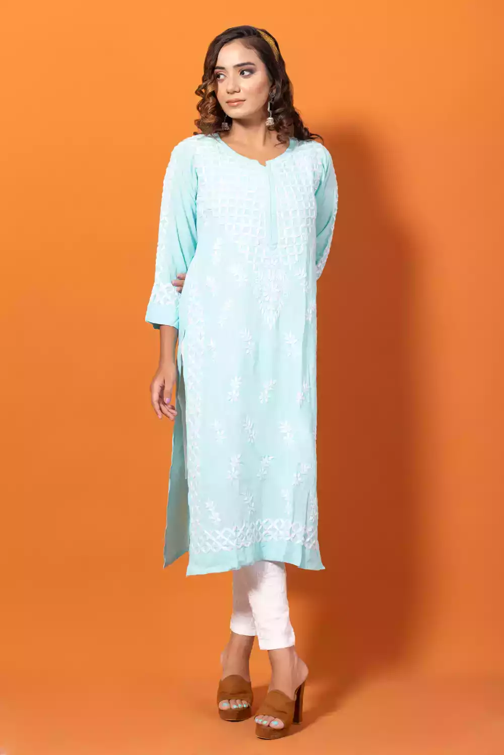 Light Sky Blue Chikankari Kurtis Online For Women