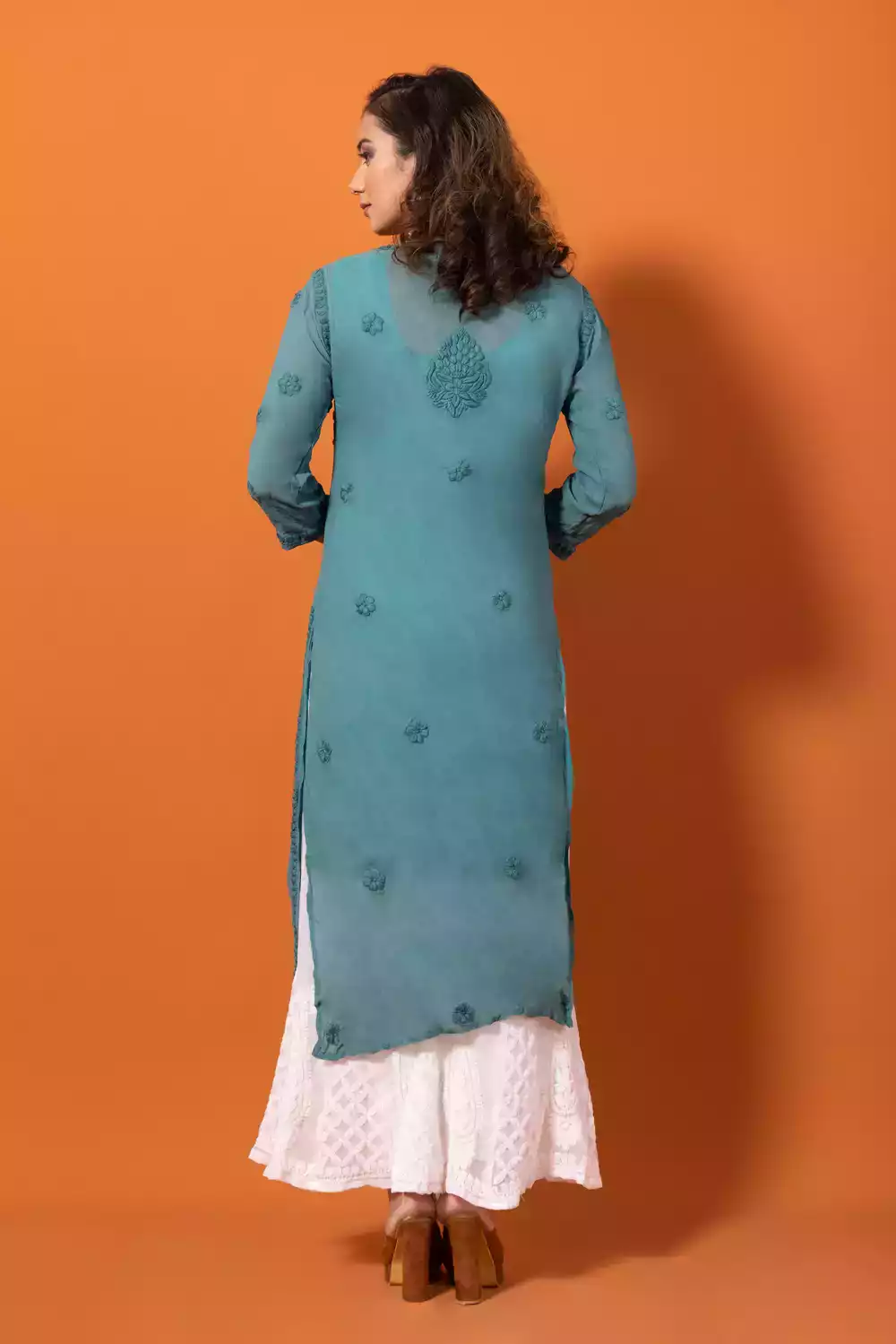 Sky Blue Lakhnavi Viscose Chikankari Kurtis