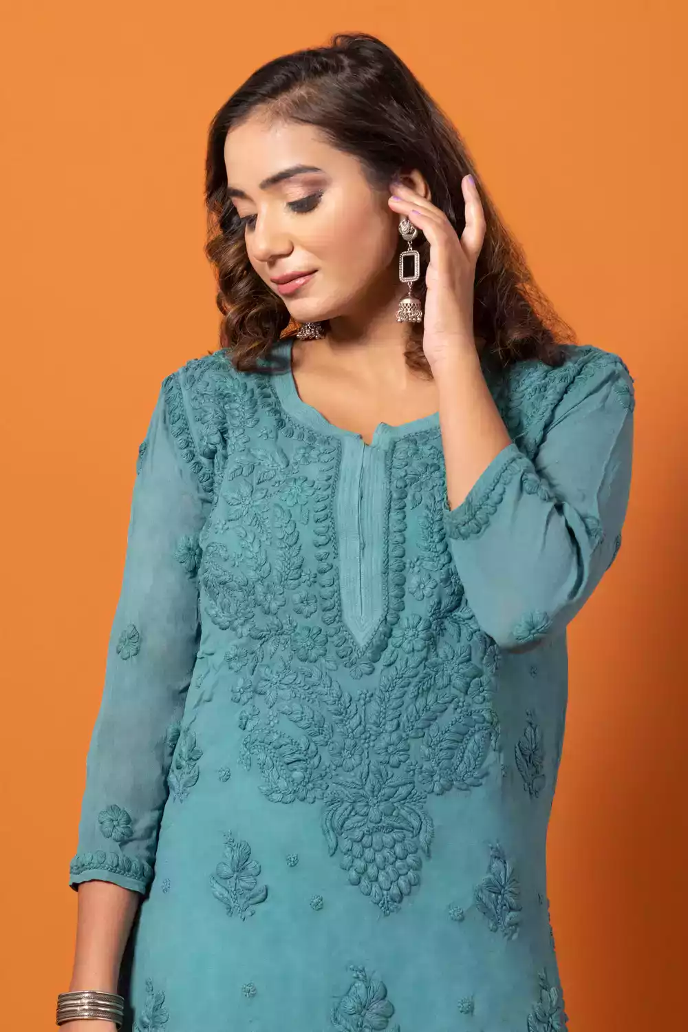 Sky Blue Lakhnavi Viscose Chikankari Kurtis