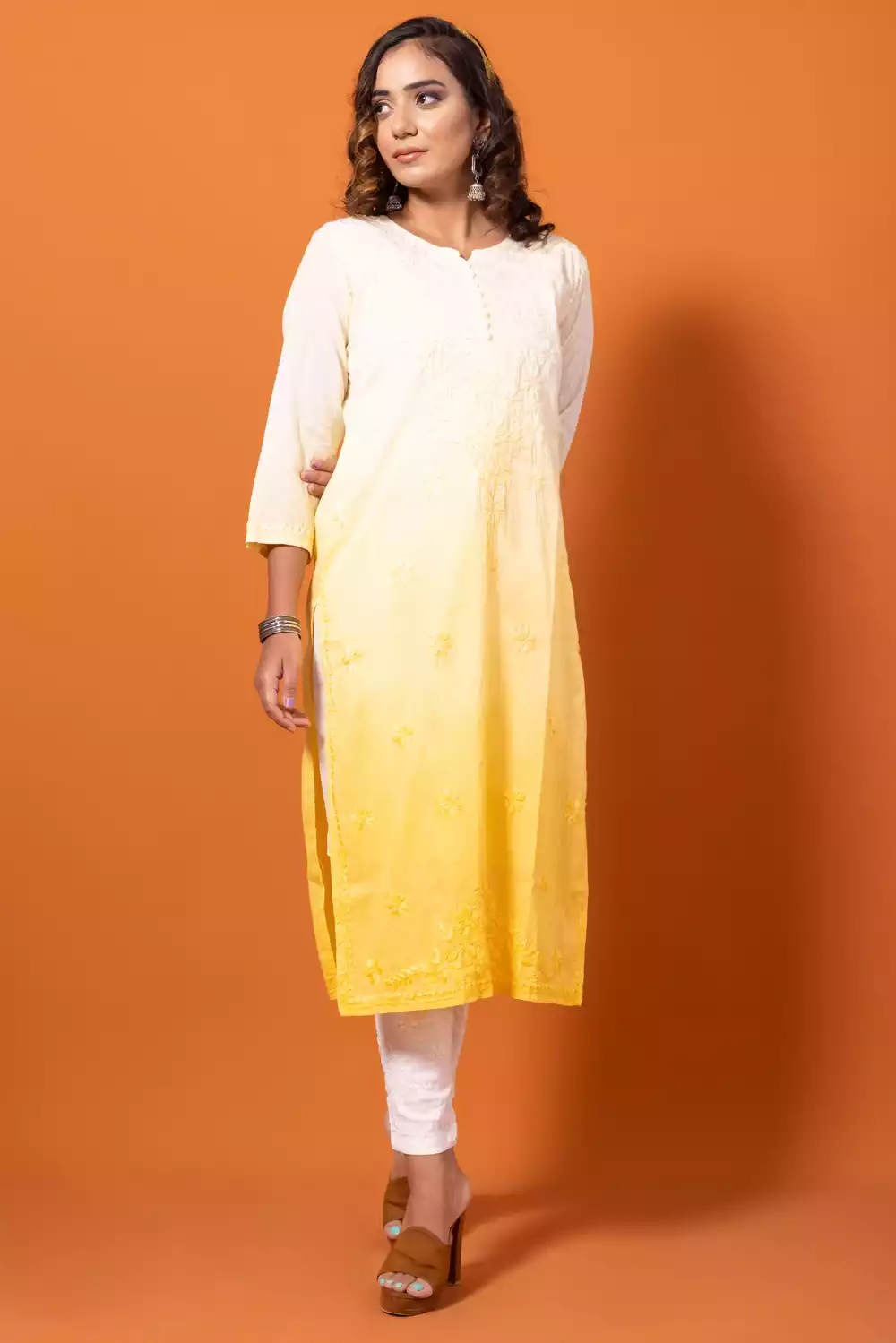 Dobby Yellow Chikankari Straight Kurtis