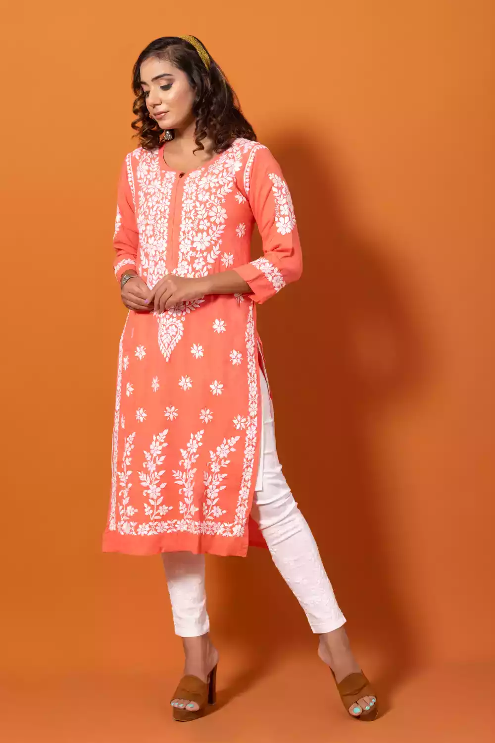 Online Peach Straight Chikankari Kurti