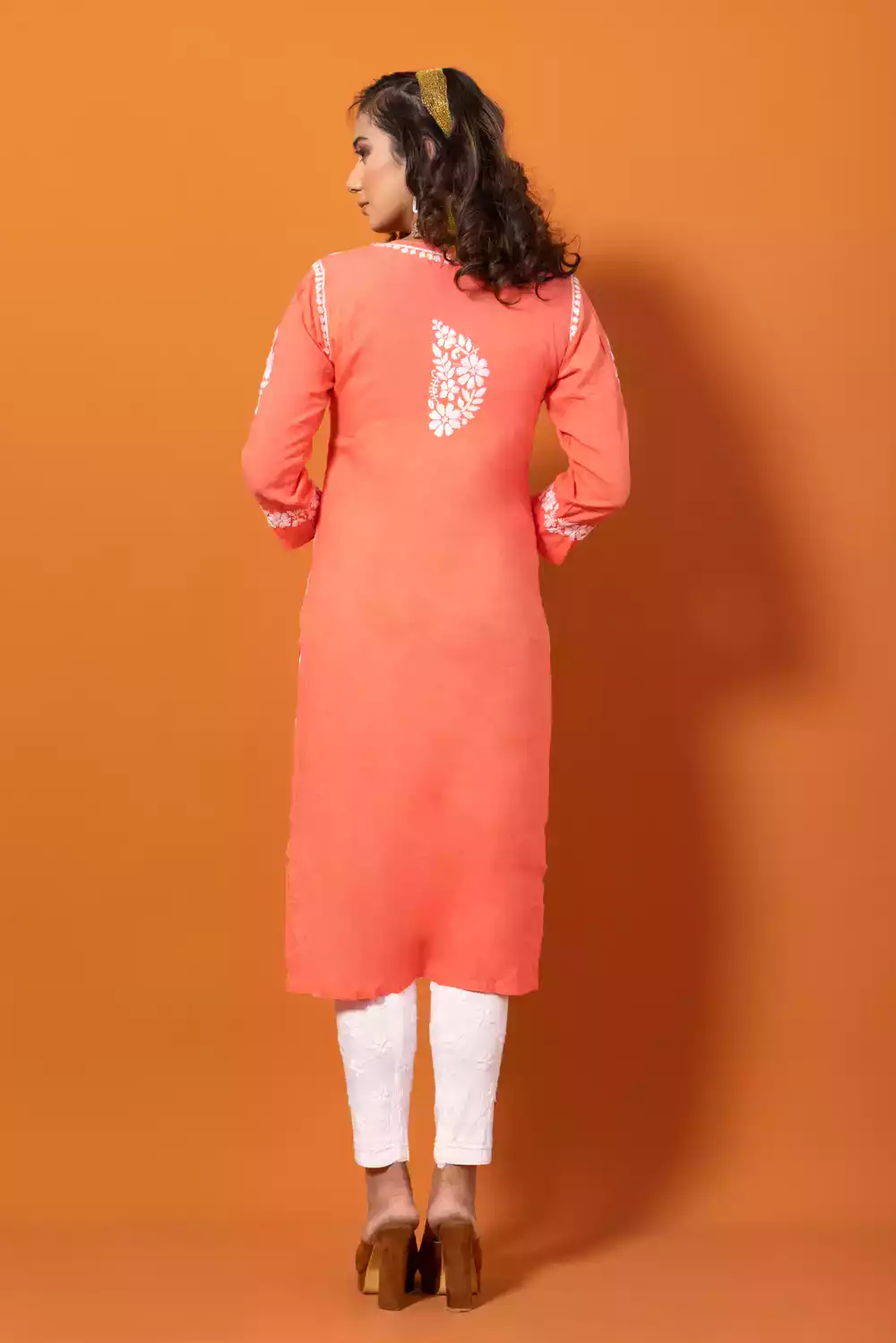 Online Peach Straight Chikankari Kurti