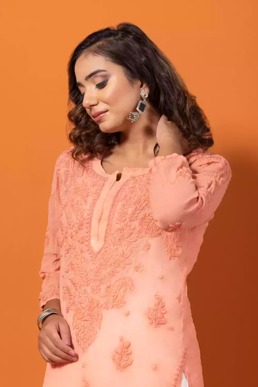 Baby Pink Lakhnavi Viscose Chikankari Kurtis