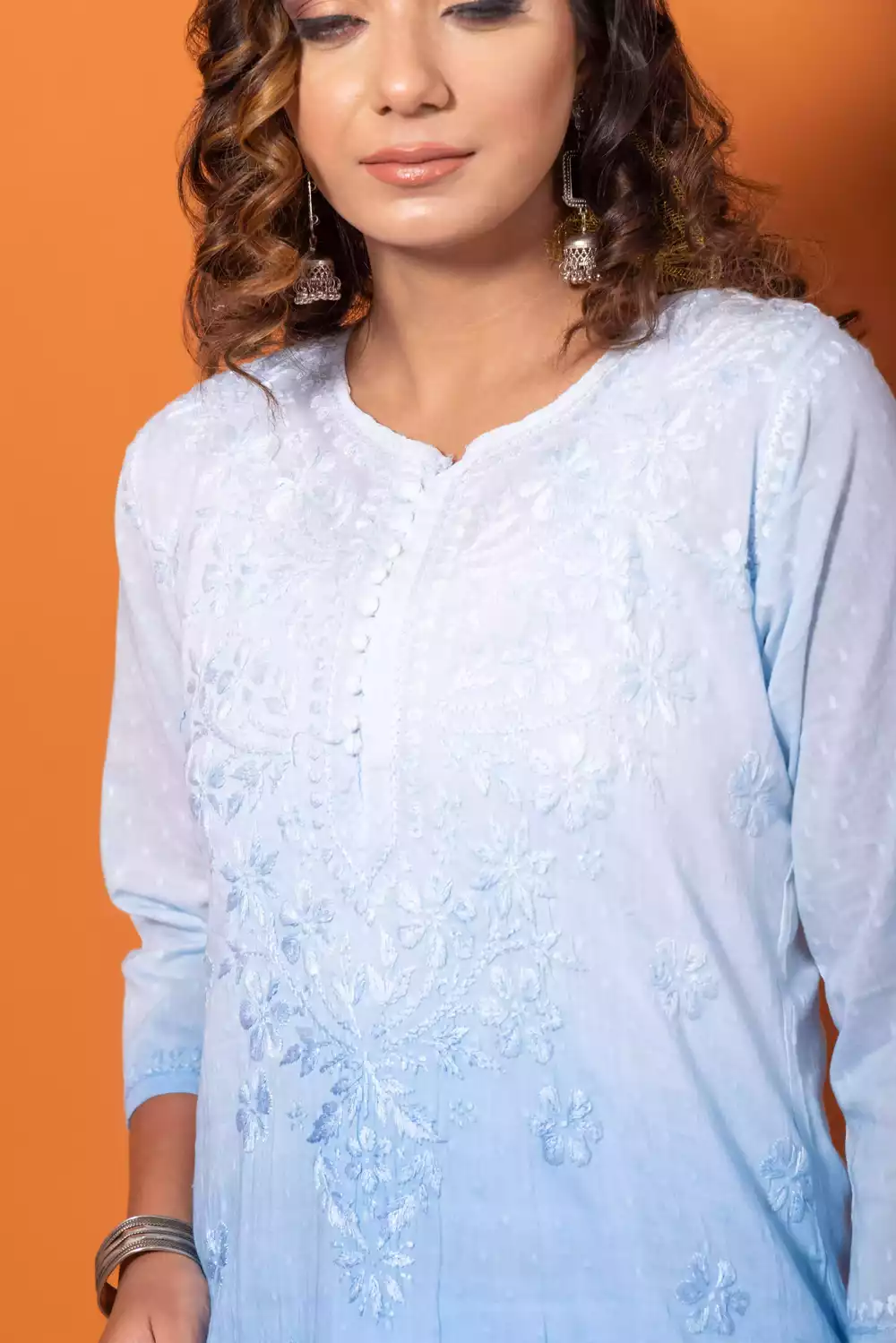 Dobby Blue Chikankari Straight Kurti