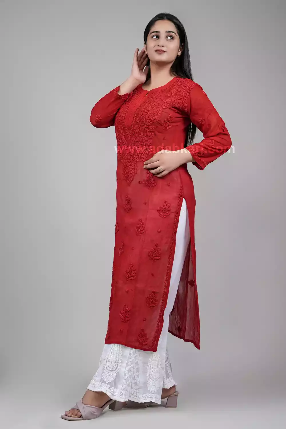 Red Chikankari Kurti With Palazzo Set Online