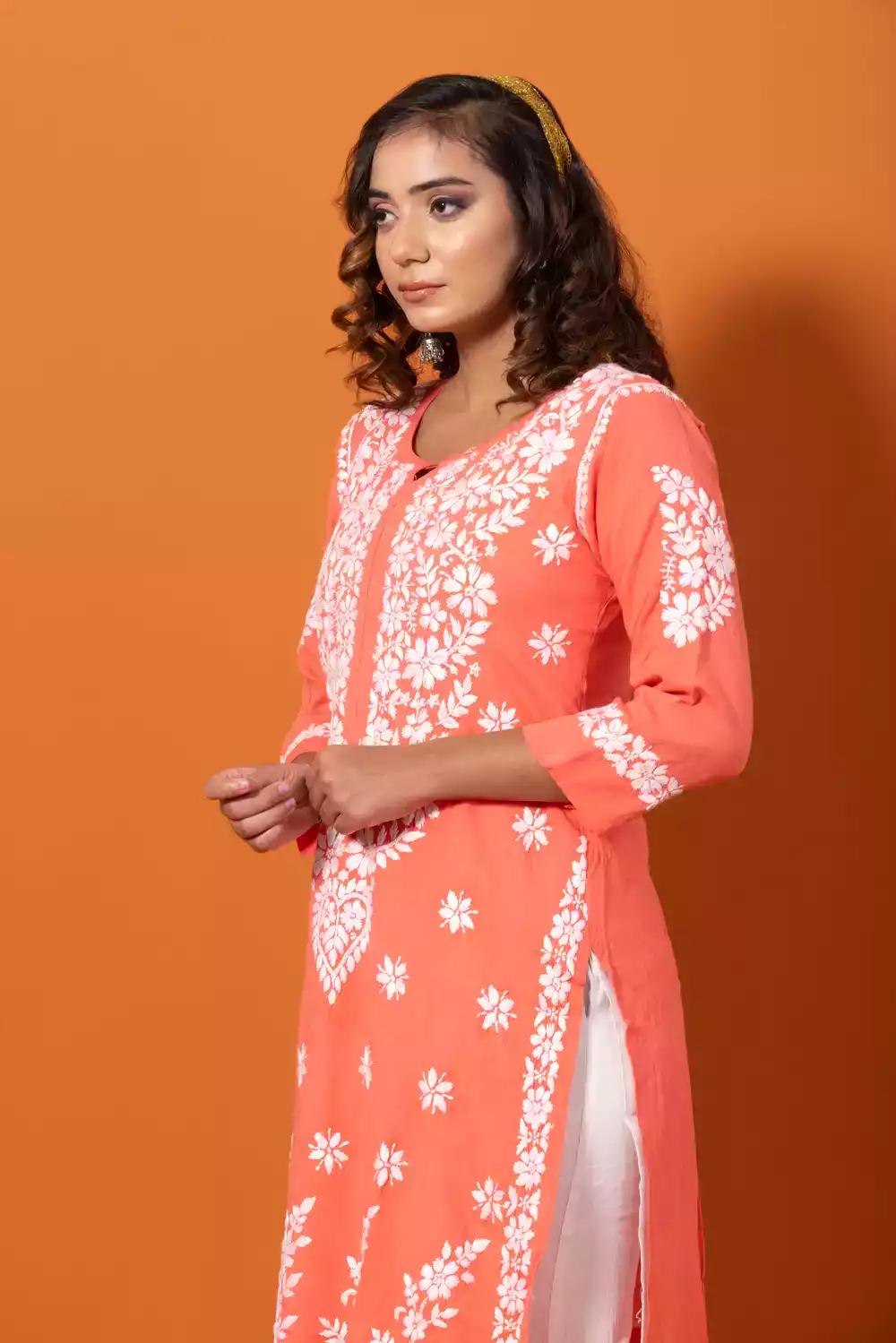 Online Peach Straight Chikankari Kurti