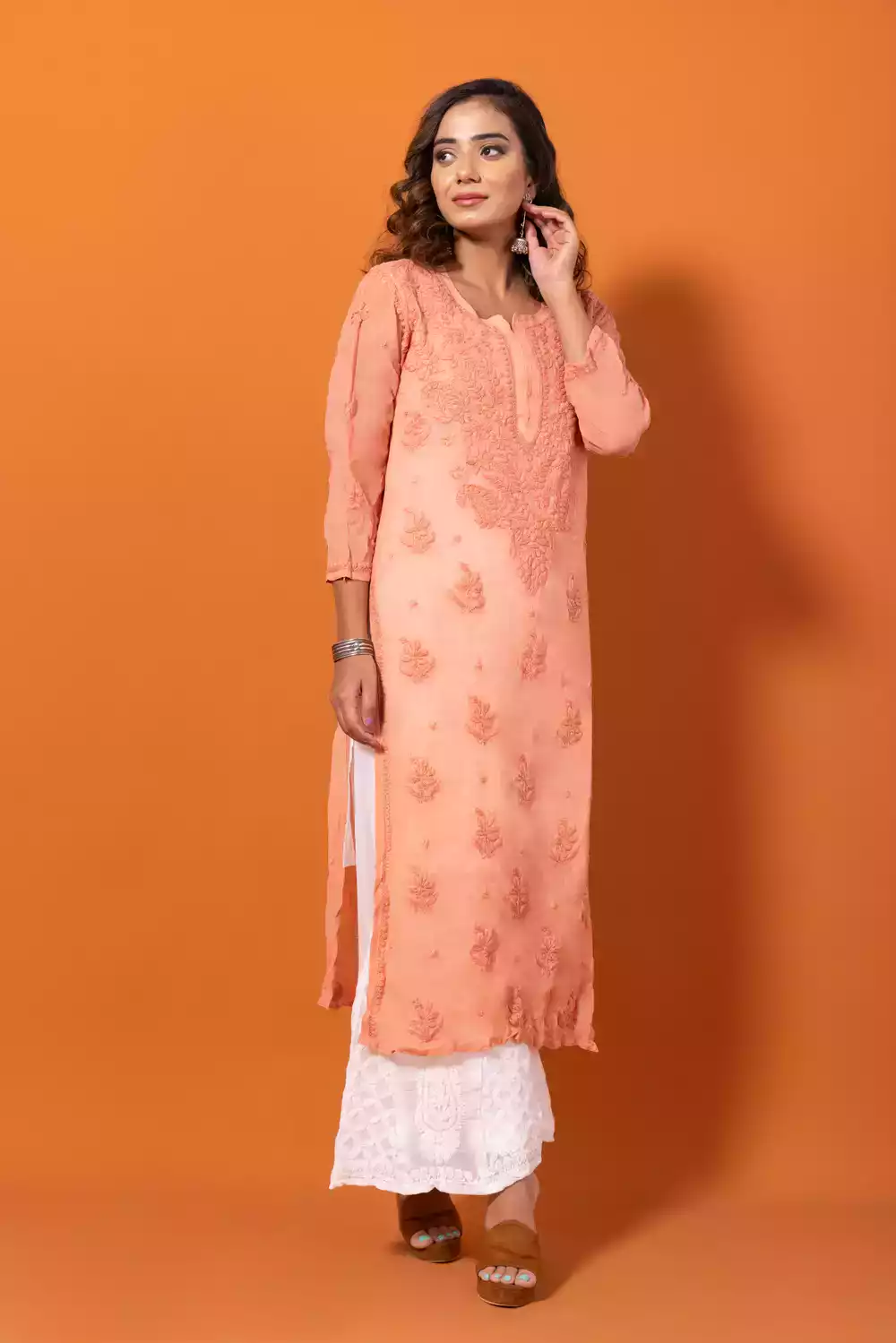 Baby Pink Lakhnavi Viscose Chikankari Kurtis