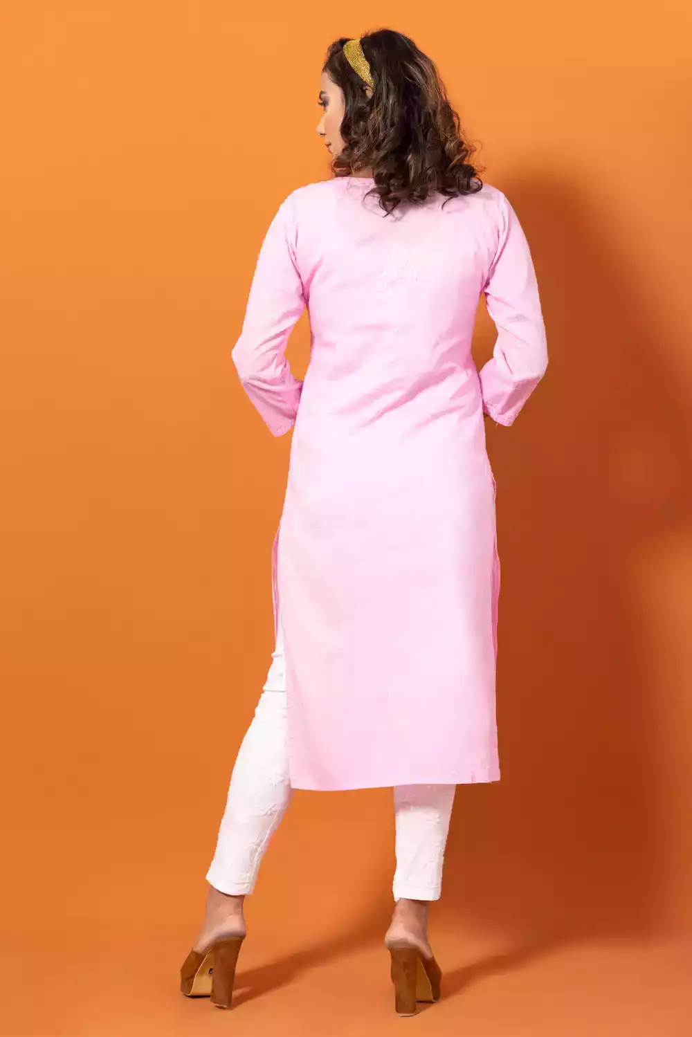 Dobby Baby Pink Chikankari Straight Kurti