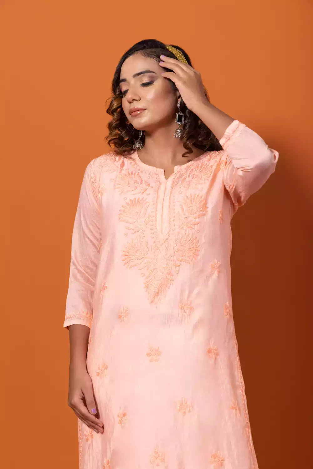 Pink Chanderi Silk Chikankari Kurtis