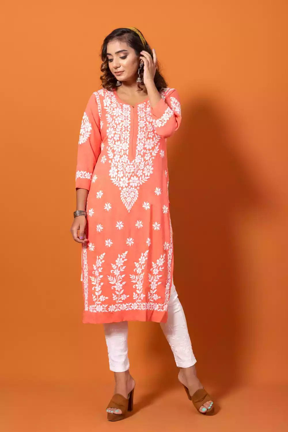 Online Peach Straight Chikankari Kurti
