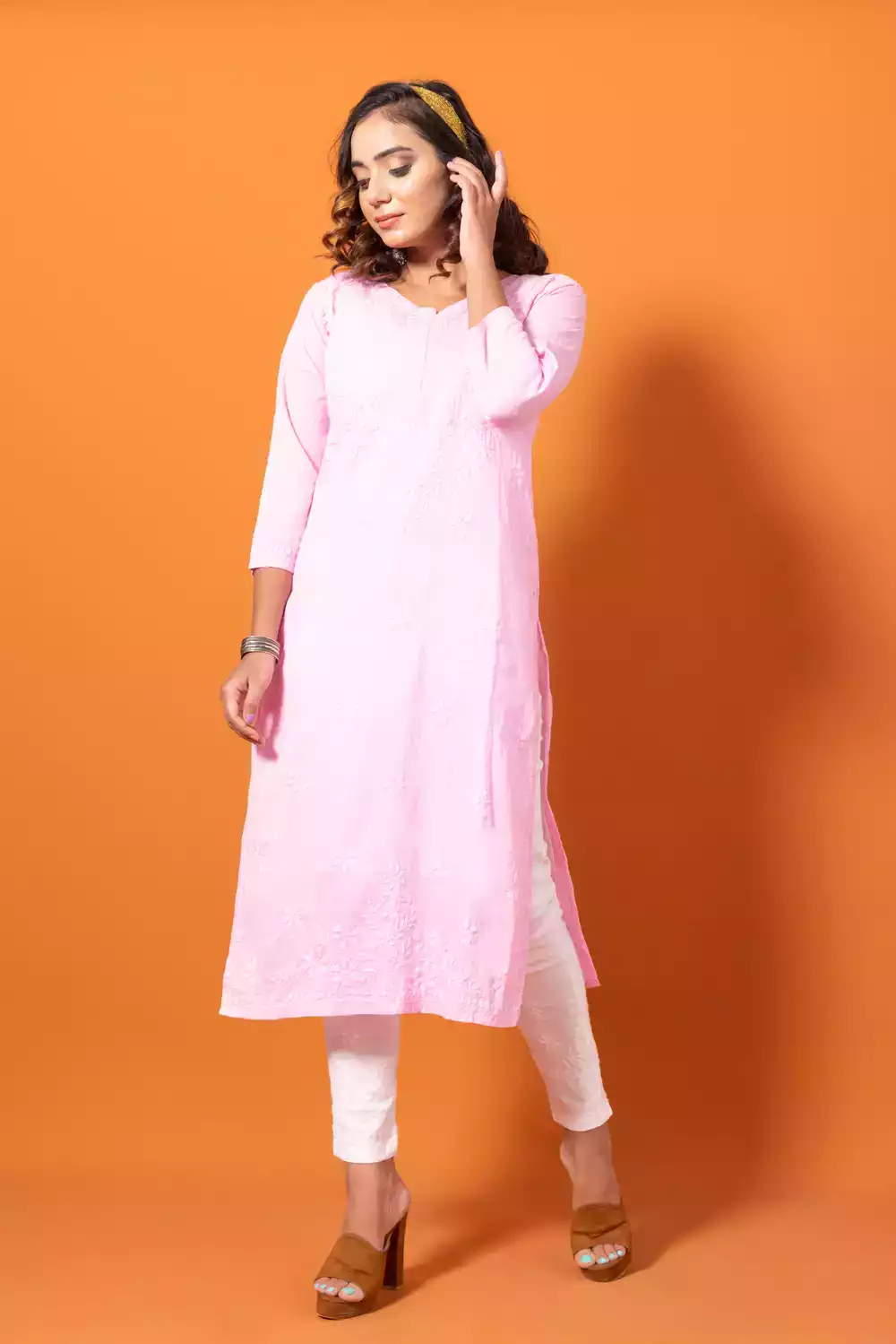 Dobby Baby Pink Chikankari Straight Kurti