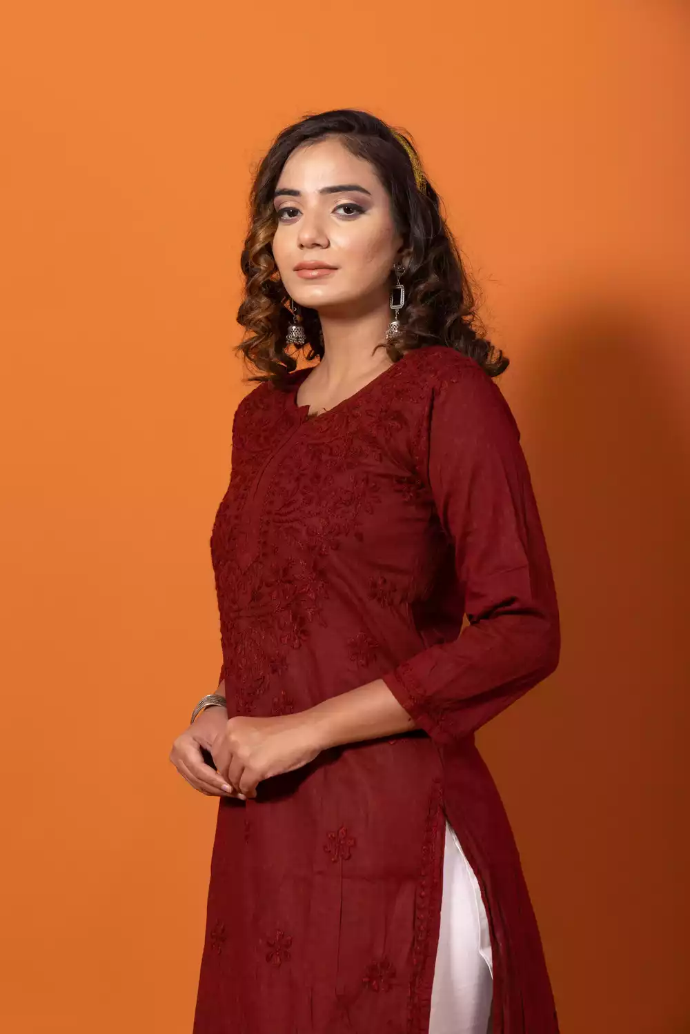 Dobby Maroon Straight Chikankari Kurtis