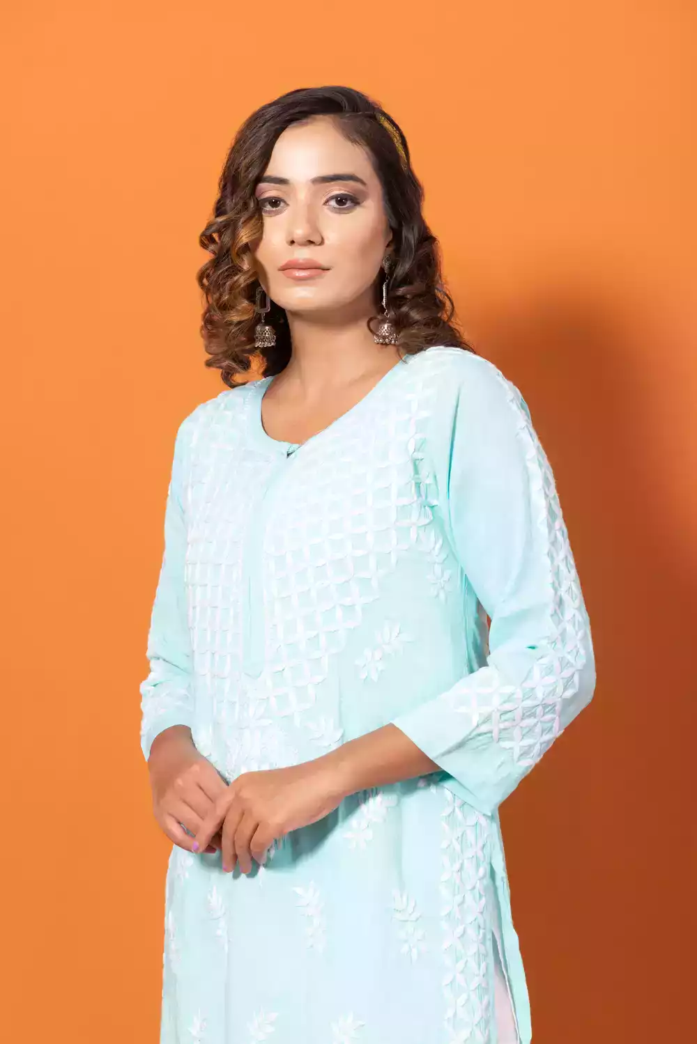 Light Sky Blue Chikankari Kurtis Online For Women