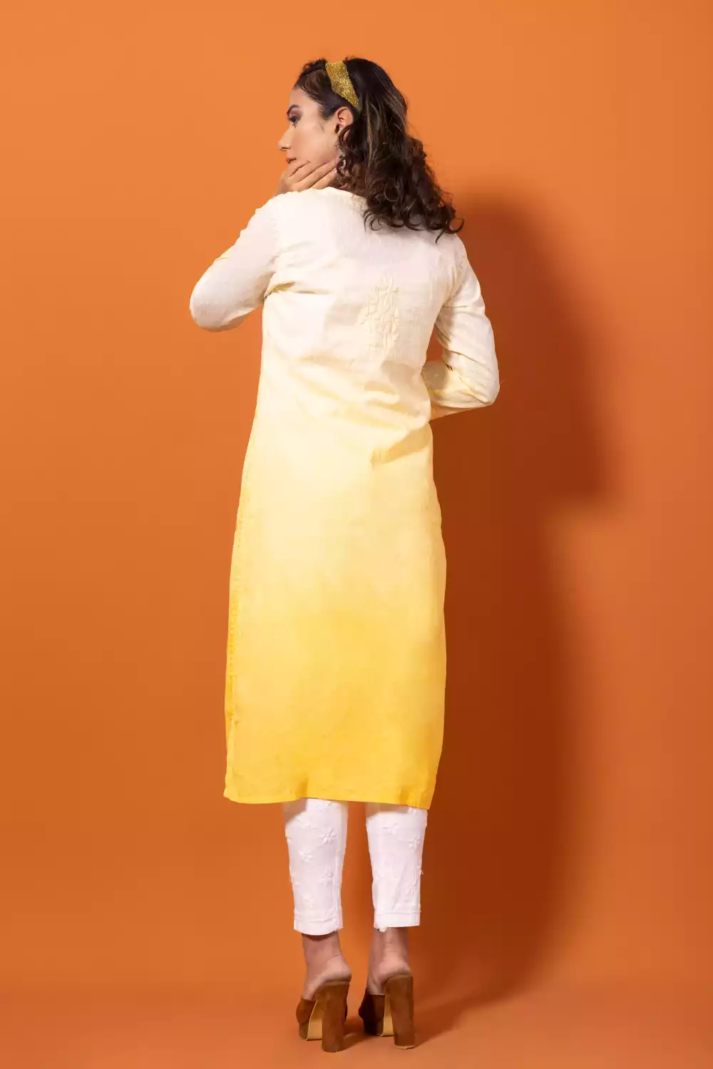 Dobby Yellow Chikankari Straight Kurtis