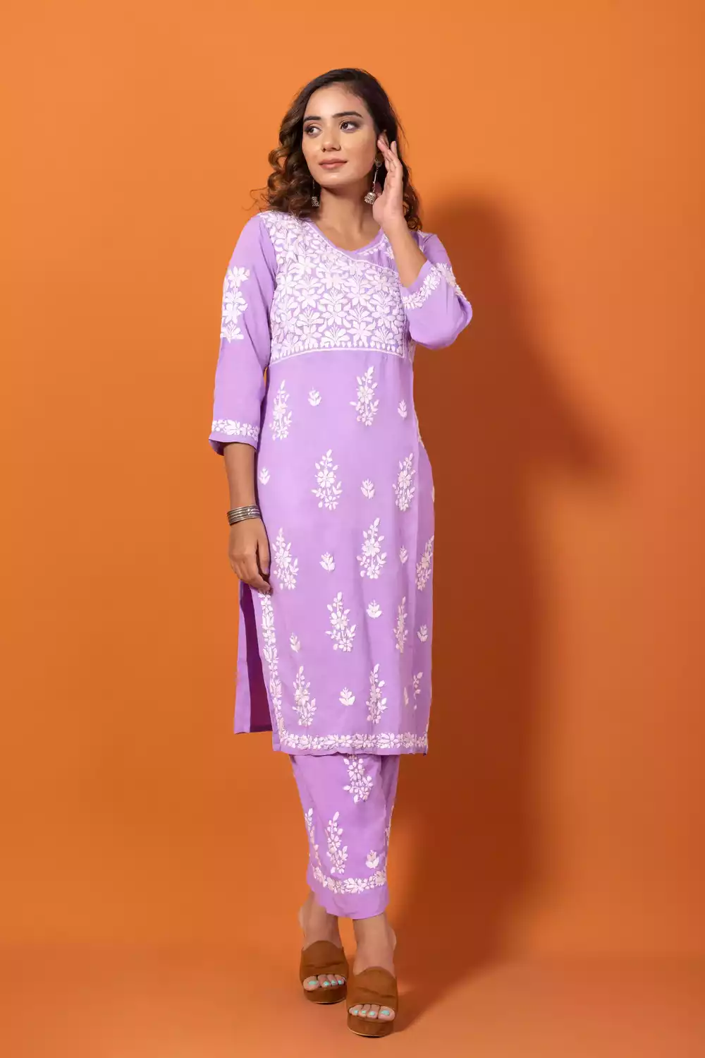 Purple Chikankari Kurti With Palazzo Set