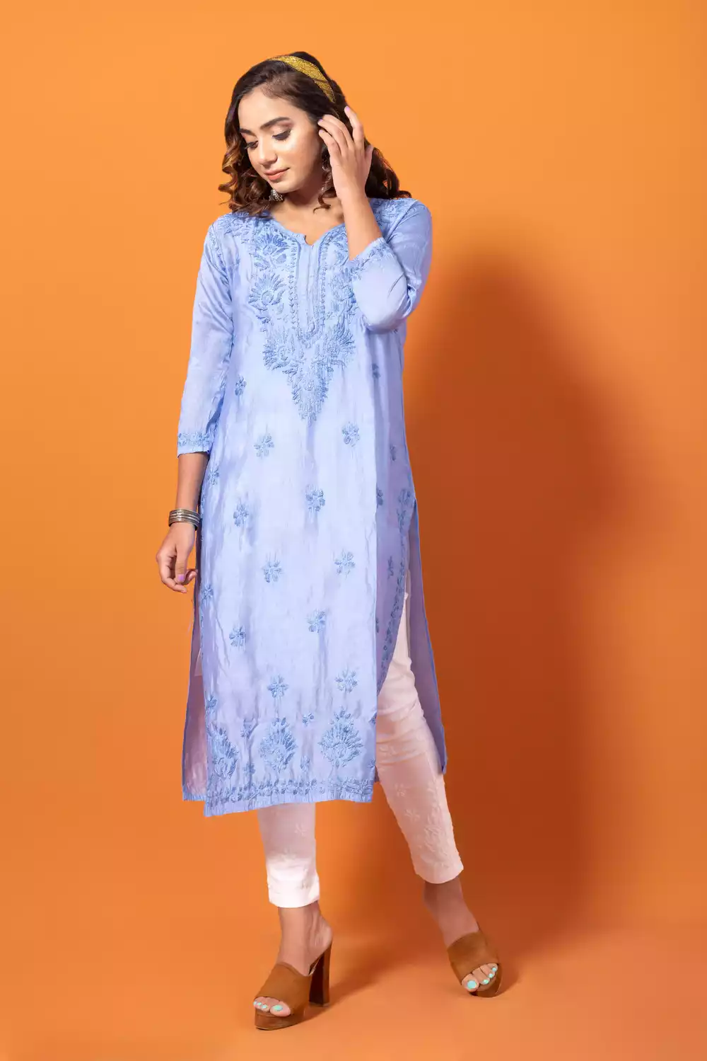 Grey Chanderi Silk Chikankari Kurtis