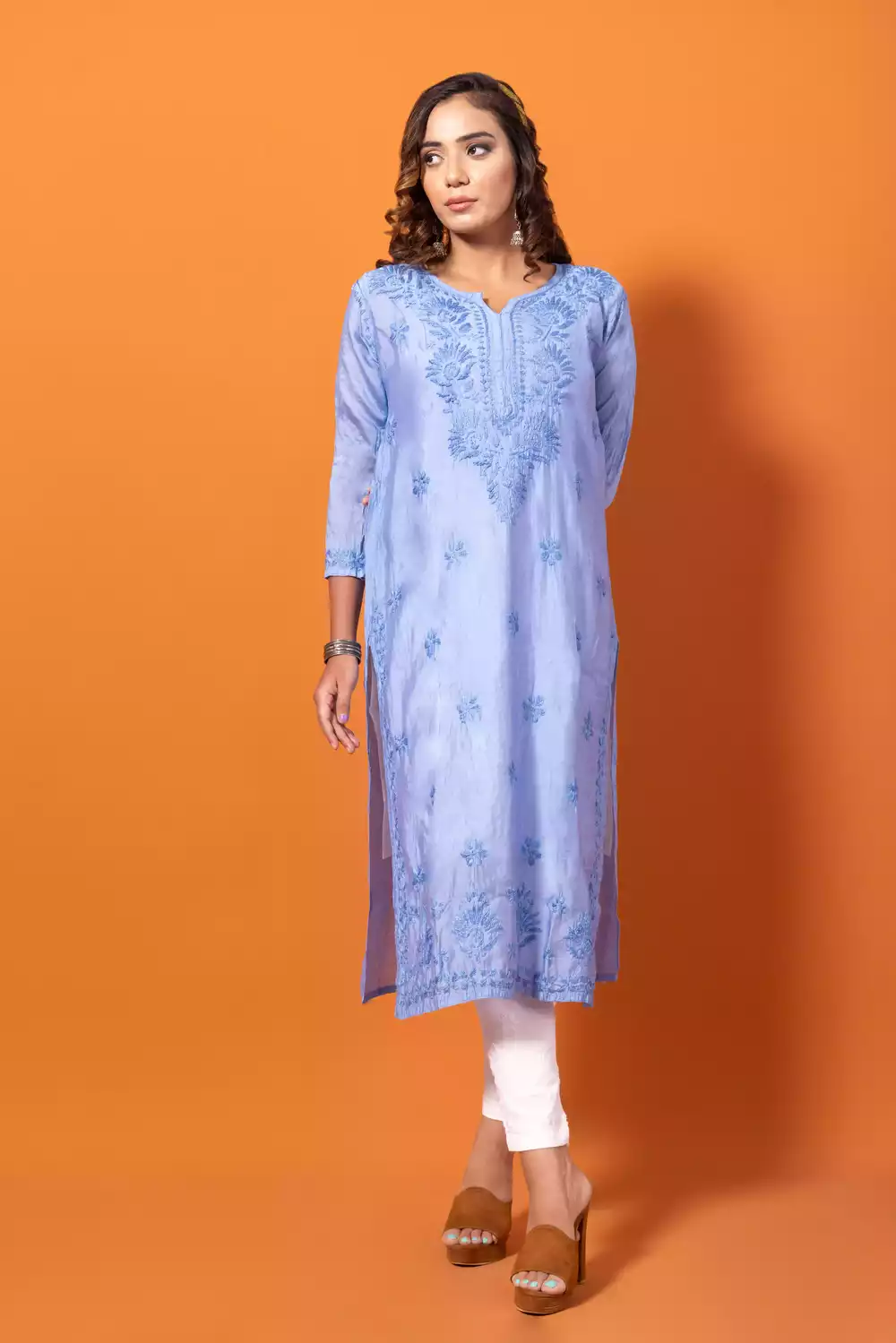 Grey Chanderi Silk Chikankari Kurtis